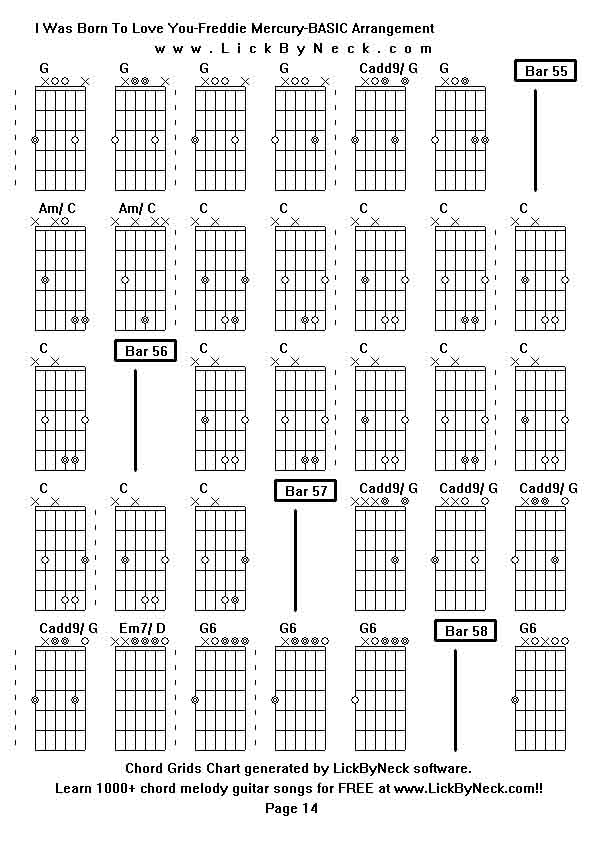 Chord Grids Chart of chord melody fingerstyle guitar song-I Was Born To Love You-Freddie Mercury-BASIC Arrangement,generated by LickByNeck software.